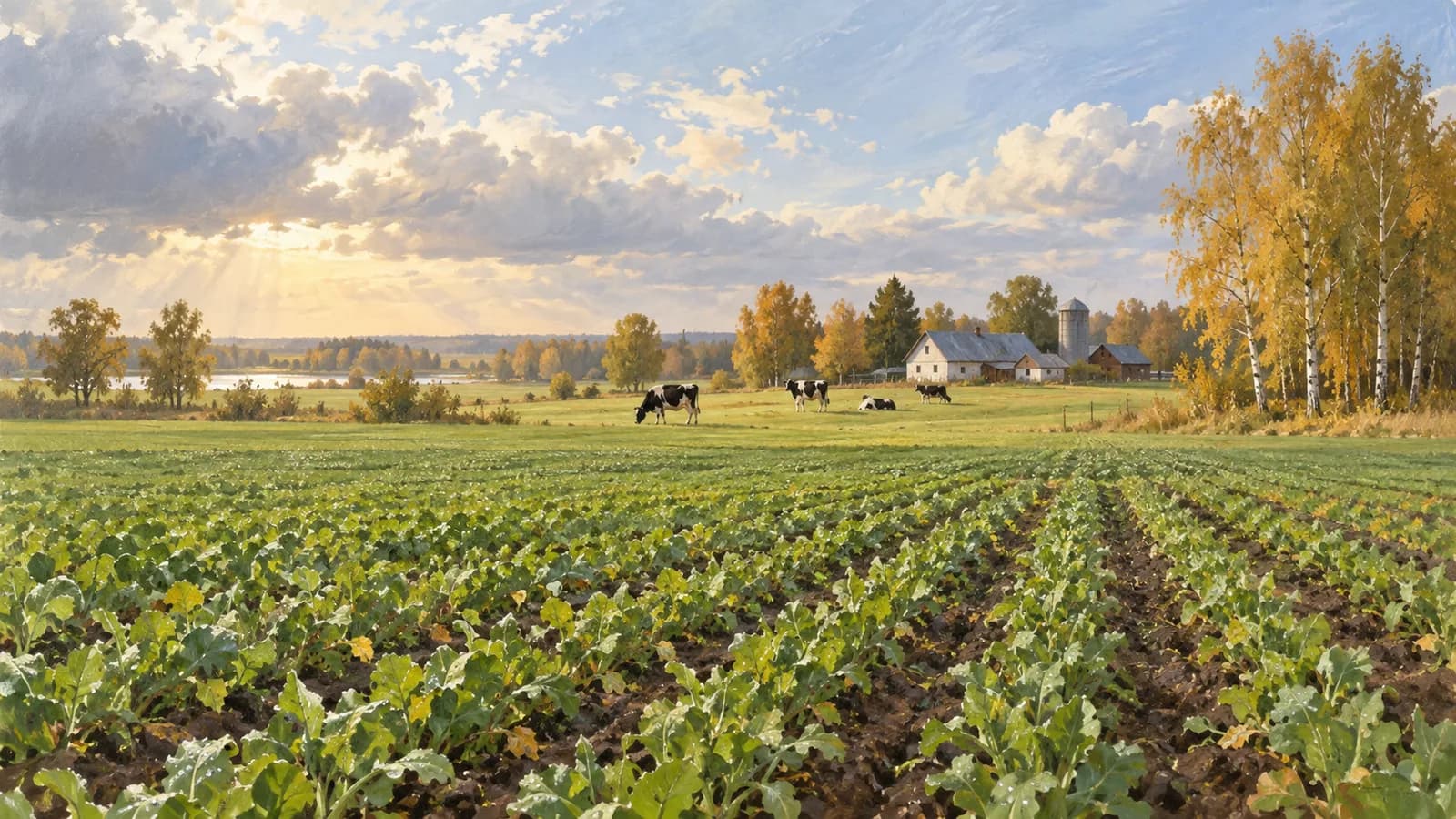 Rudens Lietuvos laukų, tarpinių pasėlių ir pieno ūkio iliustracija